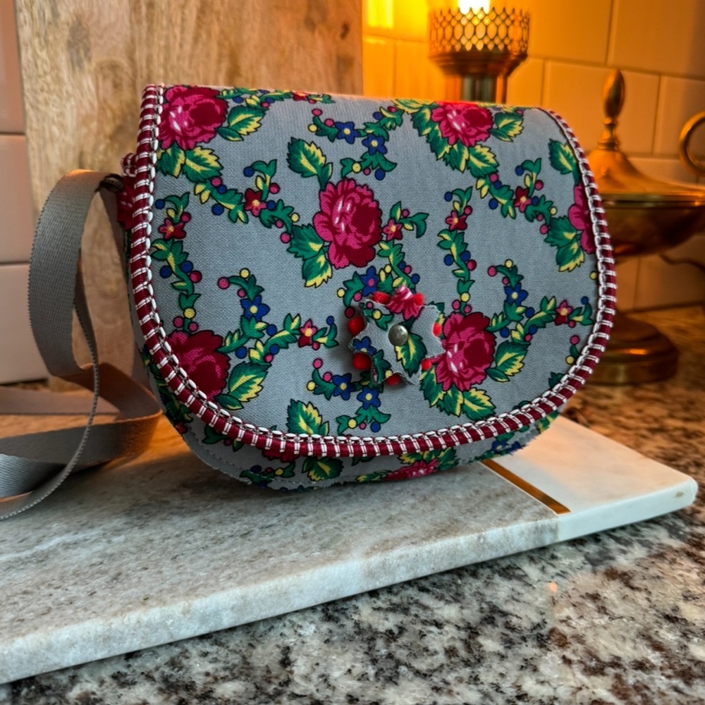Beautiful Folk handmade purse/crossbody purse/bags and purses Floral Grey Pink